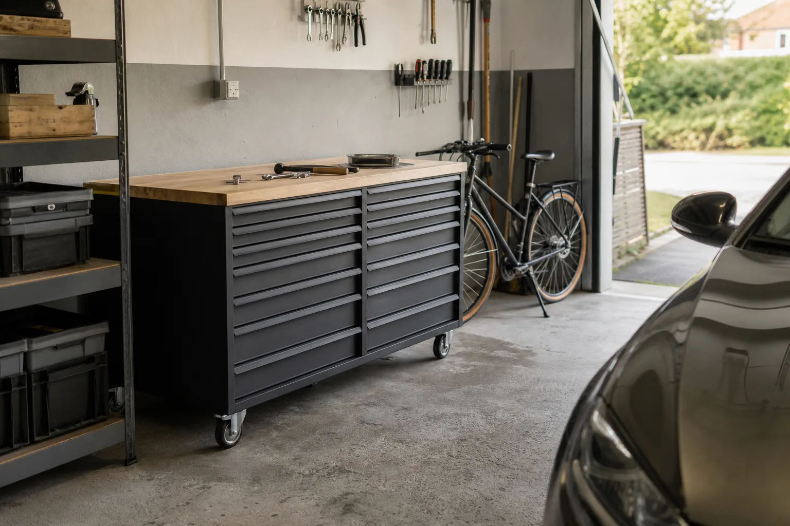 Brett verktygsskåp på hjul med många lådor mot garageväggen