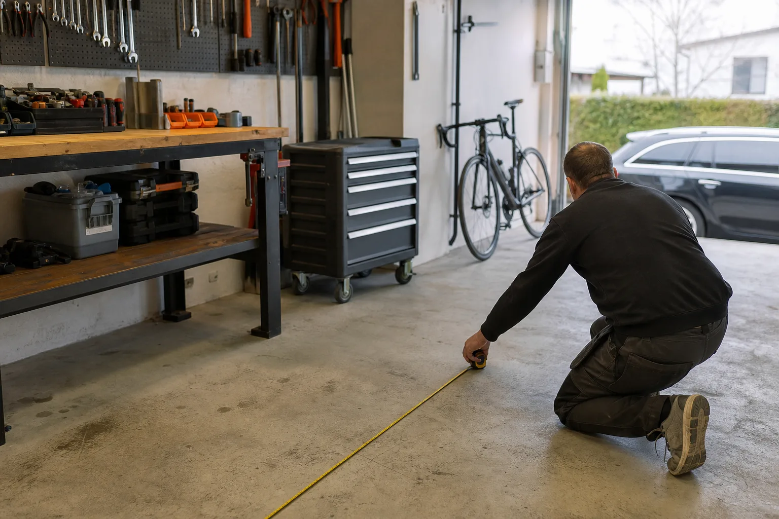 Måttband på garagegolvet framför en planerad plats för verktygsvagn