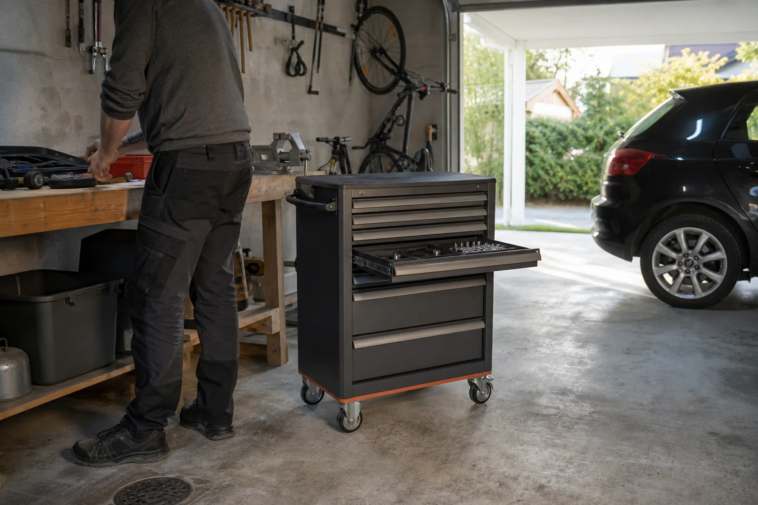 Måttband och handverktyg vid en öppen låda i ett garage