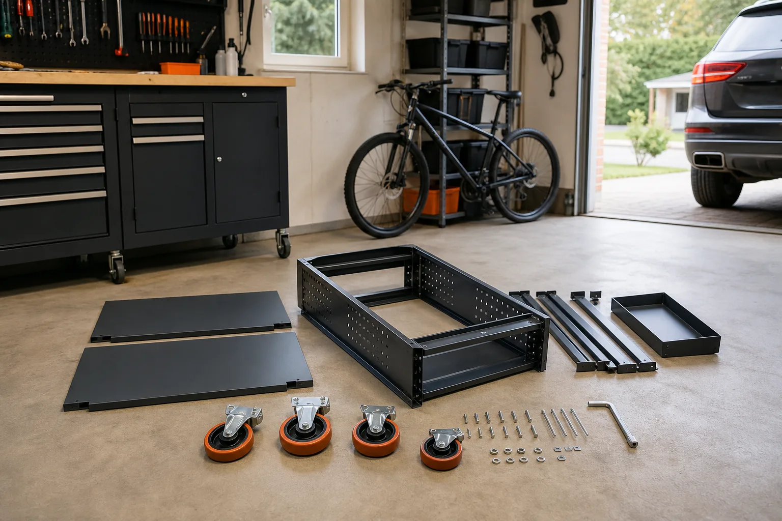 Tom verktygsvagn med sorterade skruvar och lösa hjul på garagegolvet