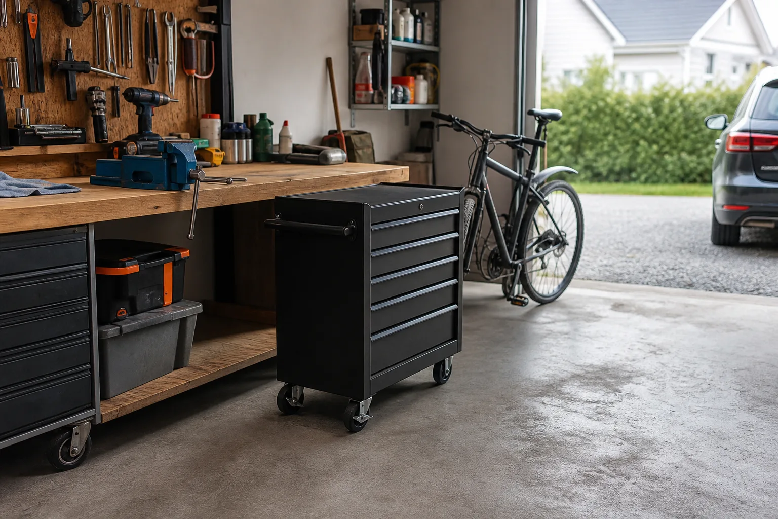 Verktygsvagn mellan arbetsbänk och cykel i ett garage