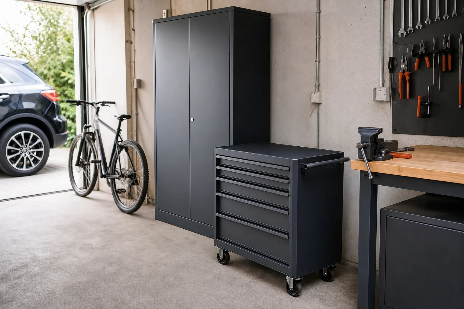 En smal lådvagn och en bred arbetsvagn längs garageväggen