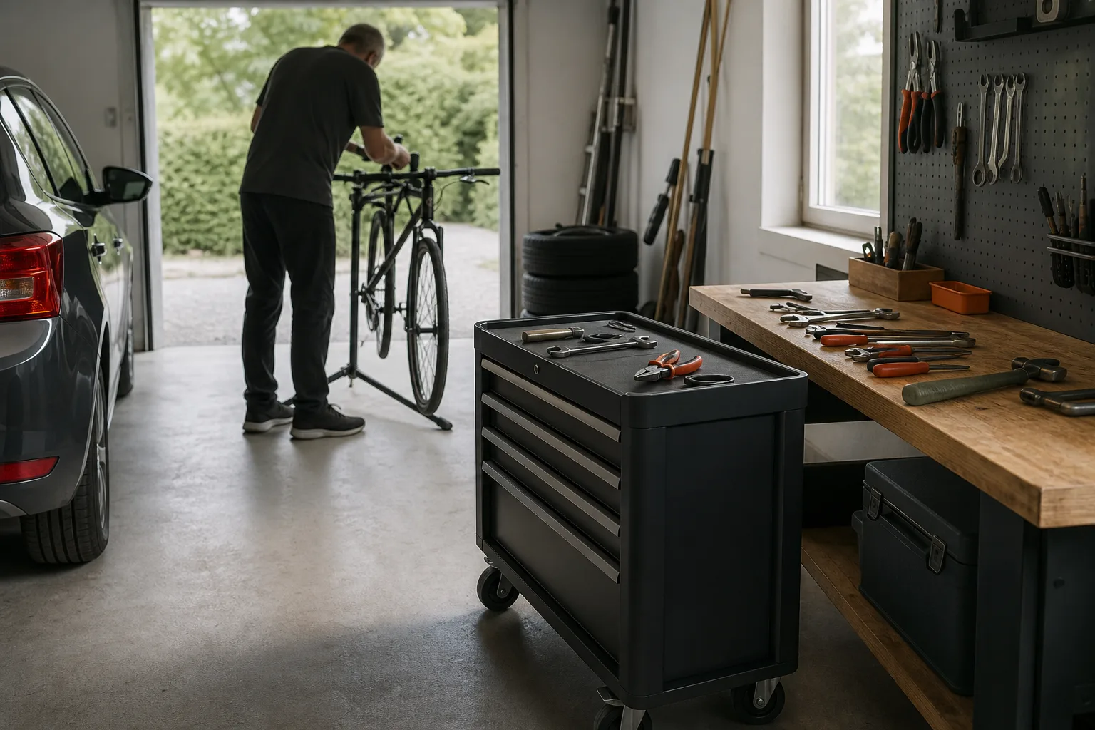 En verktygsvagn vid arbetsbänken med en låda utdragen
