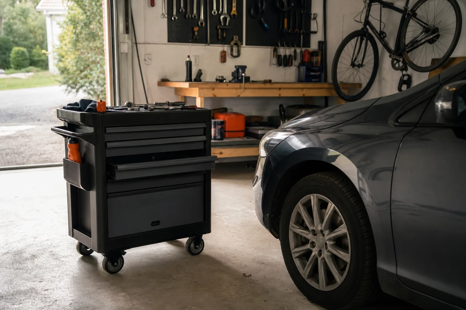 Handverktyg sorterade i grunda lådor bredvid en bil i garaget