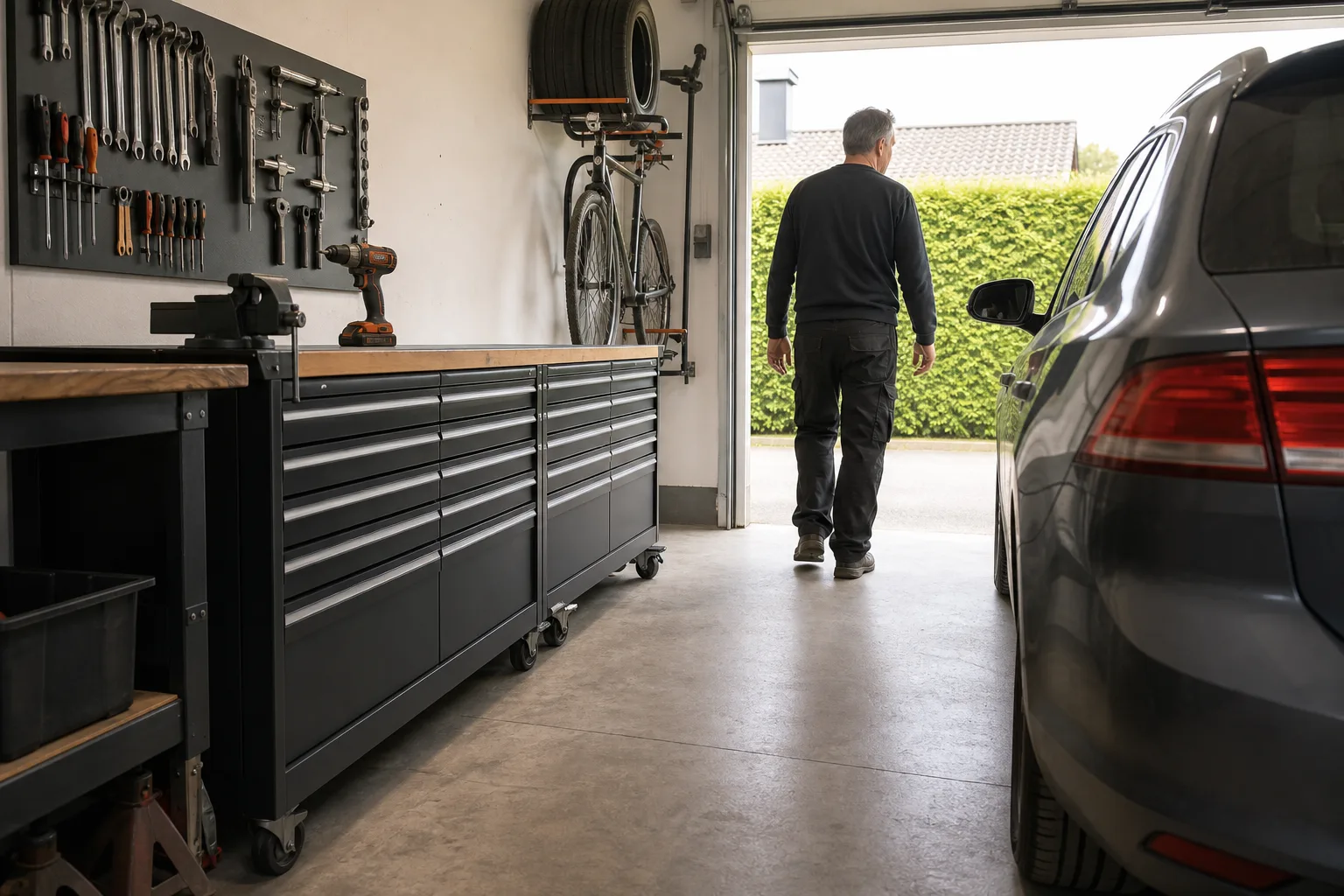 Bred verktygsvagn med fri passage till bilen i garaget