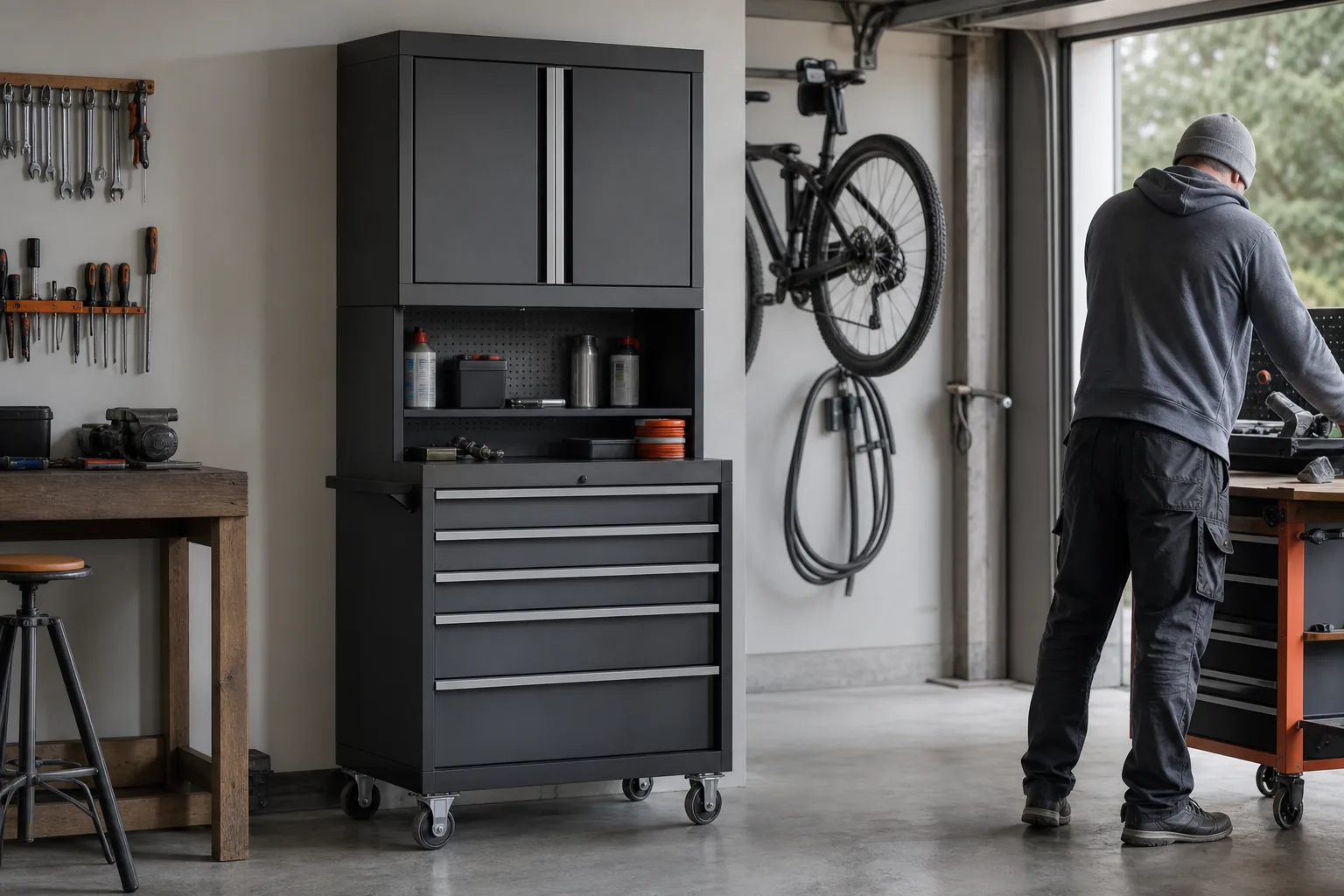 En verktygsvagn med överdel under en garagehylla