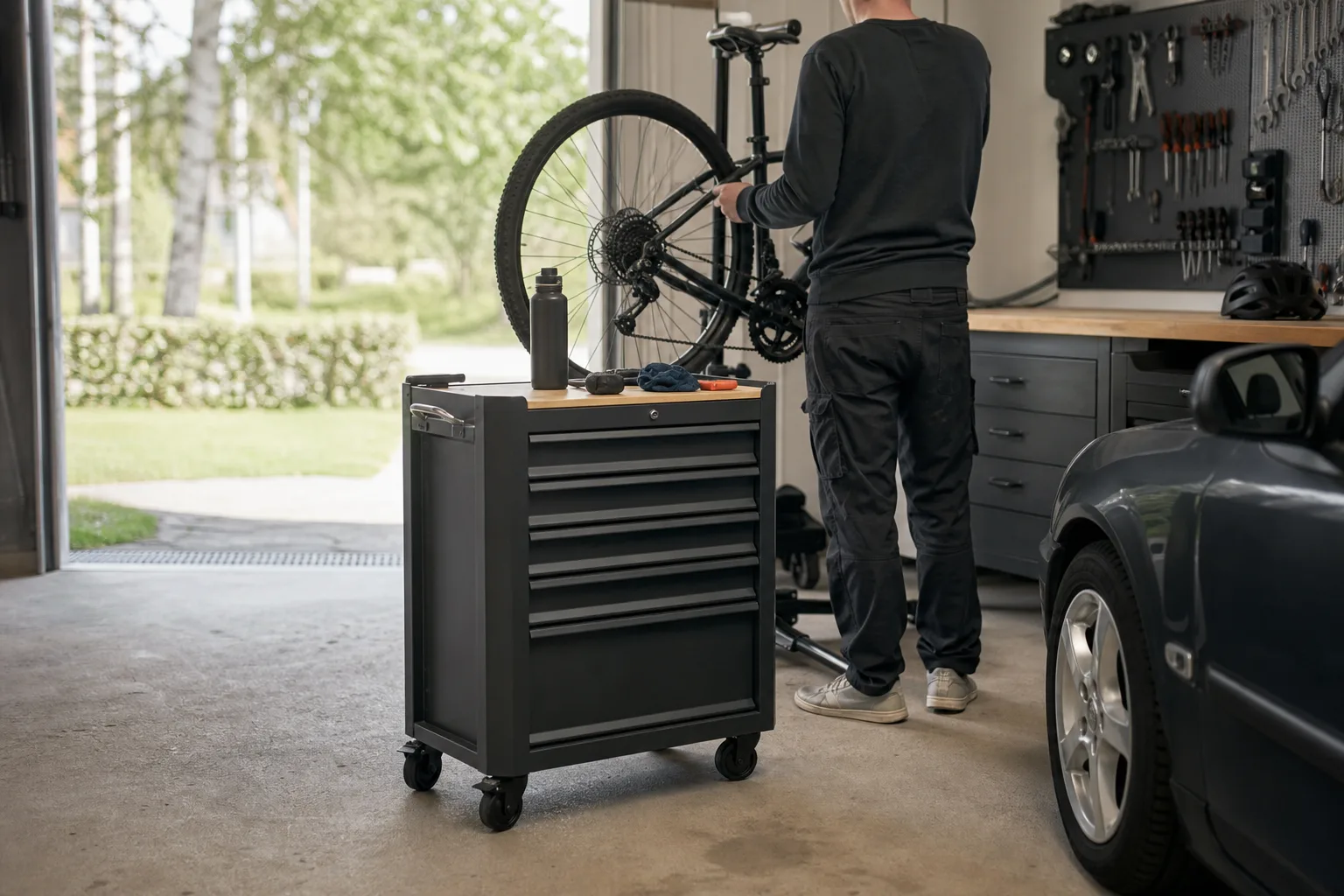 Verkstadsvagn som avställningsyta vid cykelreparation