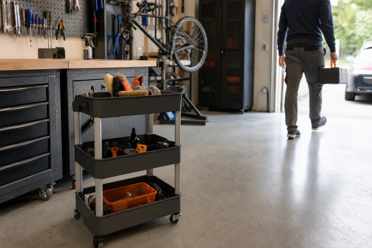 Plastvagn med borstar och cykeltillbehör vid arbetsbänk